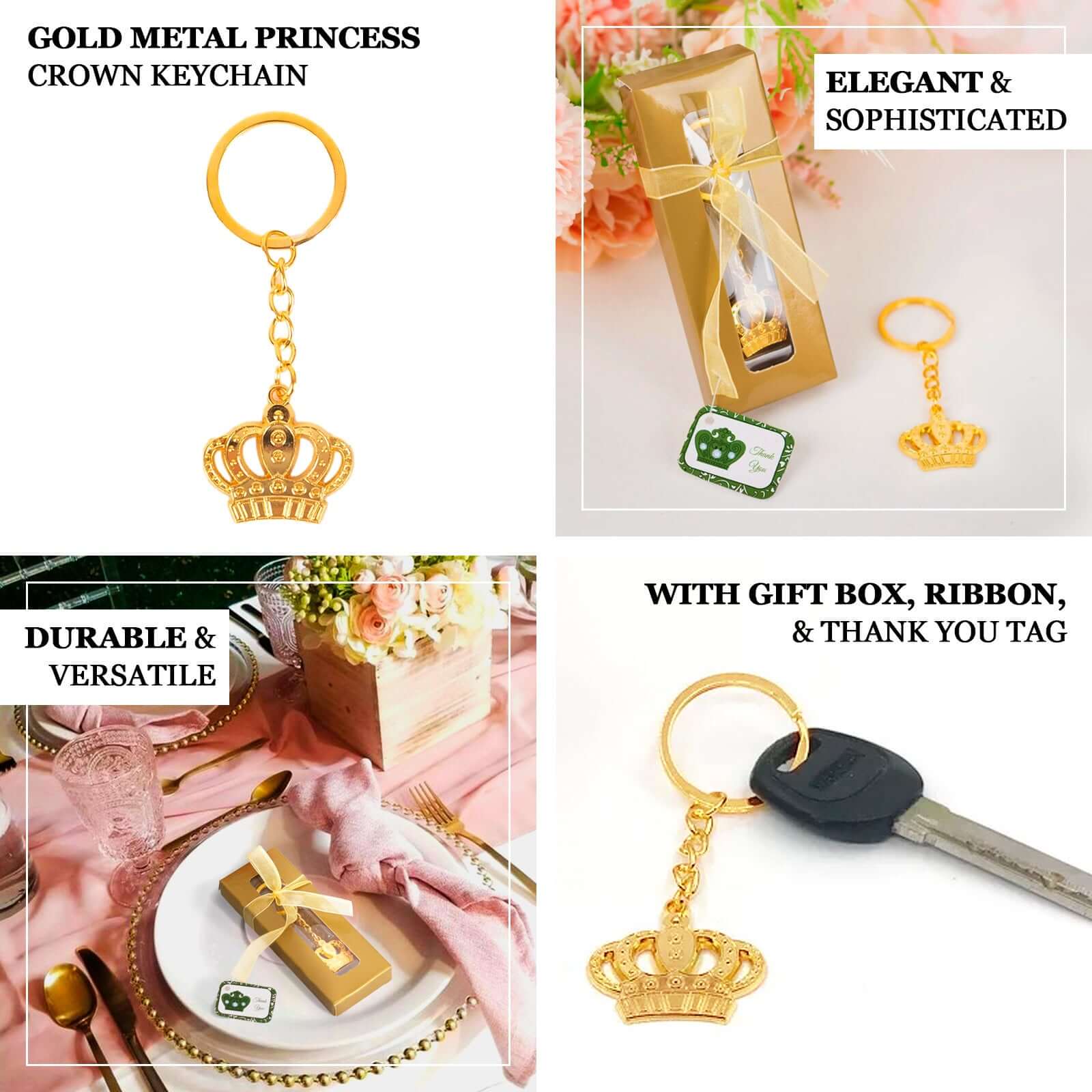 5 Pack Gold Metal Princess Crown Keychain Party Favor, Pre-Packed Wedding Bridal Shower Party Favor With Gift Box, Ribbon & Thank You Tag - 3