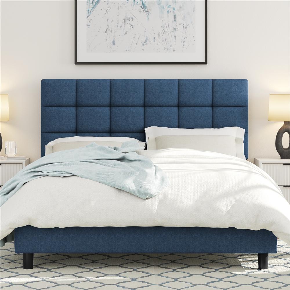 Easyfashion Modern Platform Bed with Wooden Support Slats and Tufted Headboard Navy Blue Full  Crowdfused