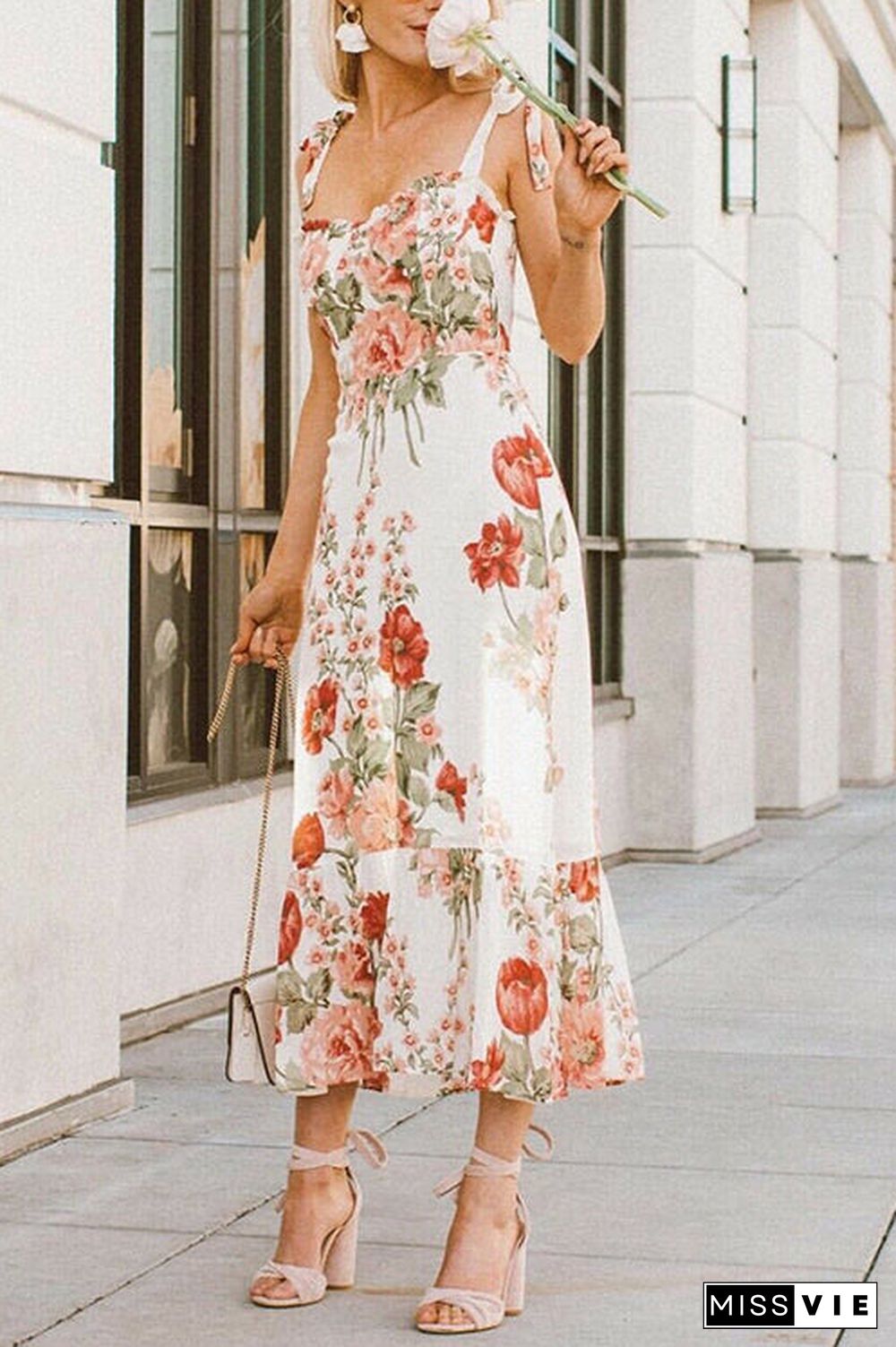 Print Tie Slip Slim Midi Dress