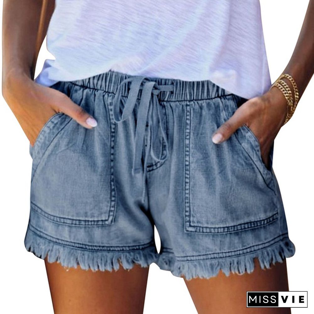 Ladies Elastic Waist Casual High Waist Slim Thin Denim Shorts Hot Pants