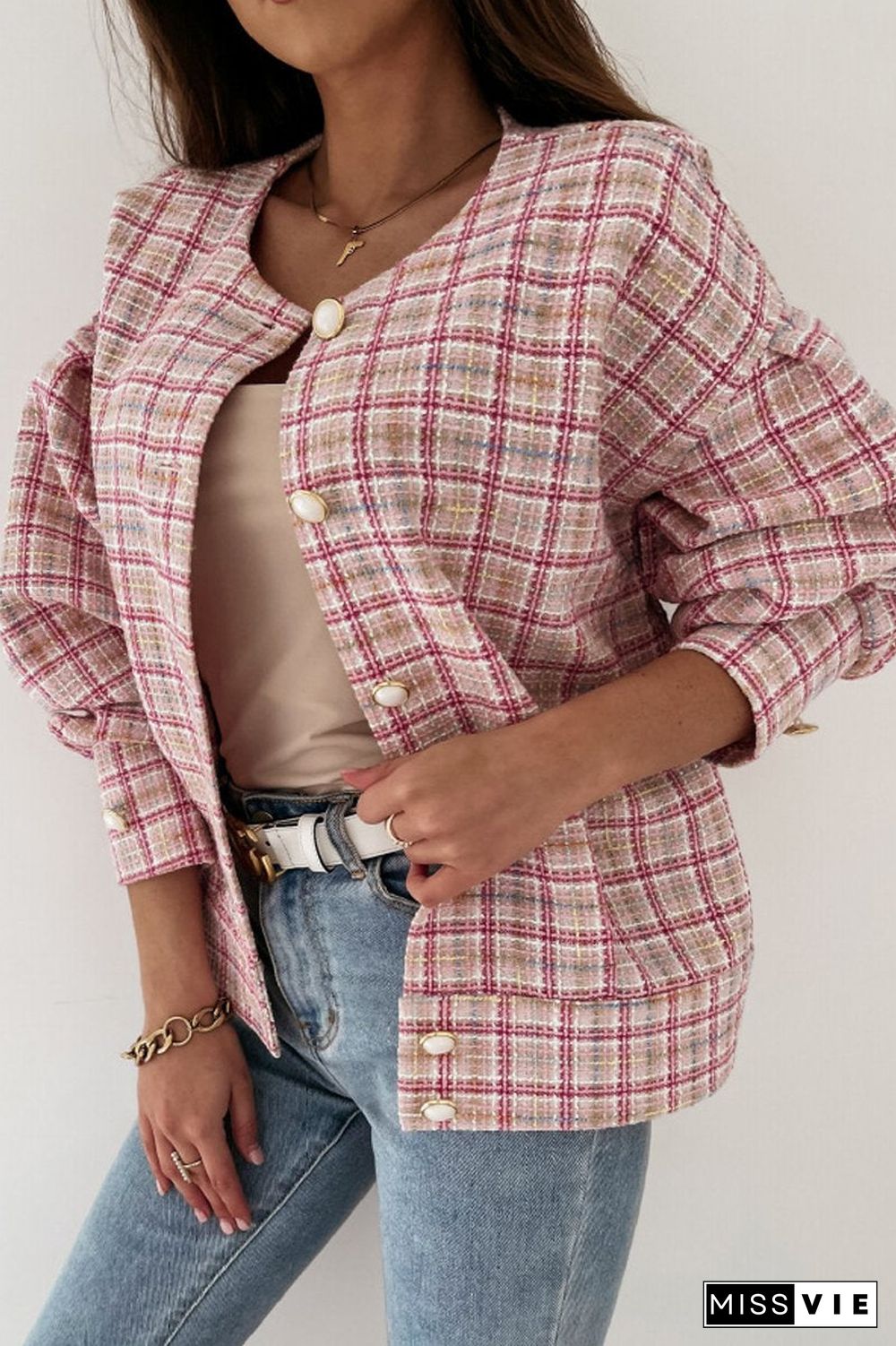 Long Sleeve Plaid Print Short Jacket