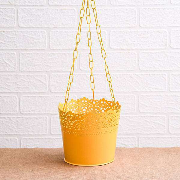 6.5 inch (17 cm) Aching Hanging Round Metal Pot with Chain (Yellow) (set of 3)