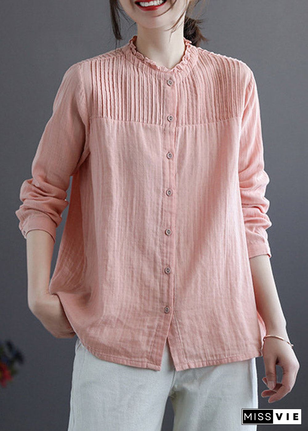 Chinese Style Pink Stand Collar Patchwork Wrinkled Button Cotton Shirts Long Sleeve