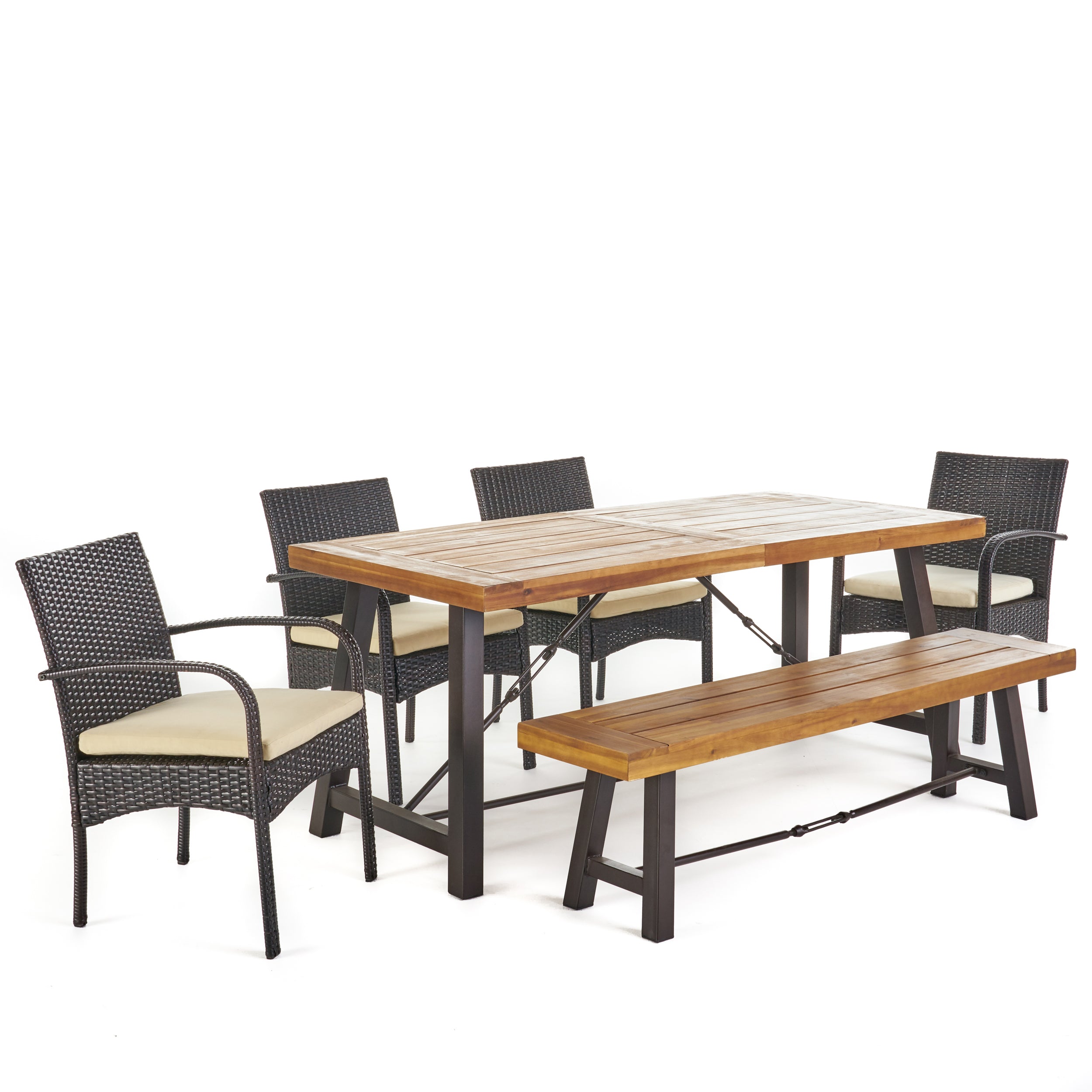 Belen Outdoor 6 Piece Teak Finished Acacia Wood Dining Set with Dining Chairs