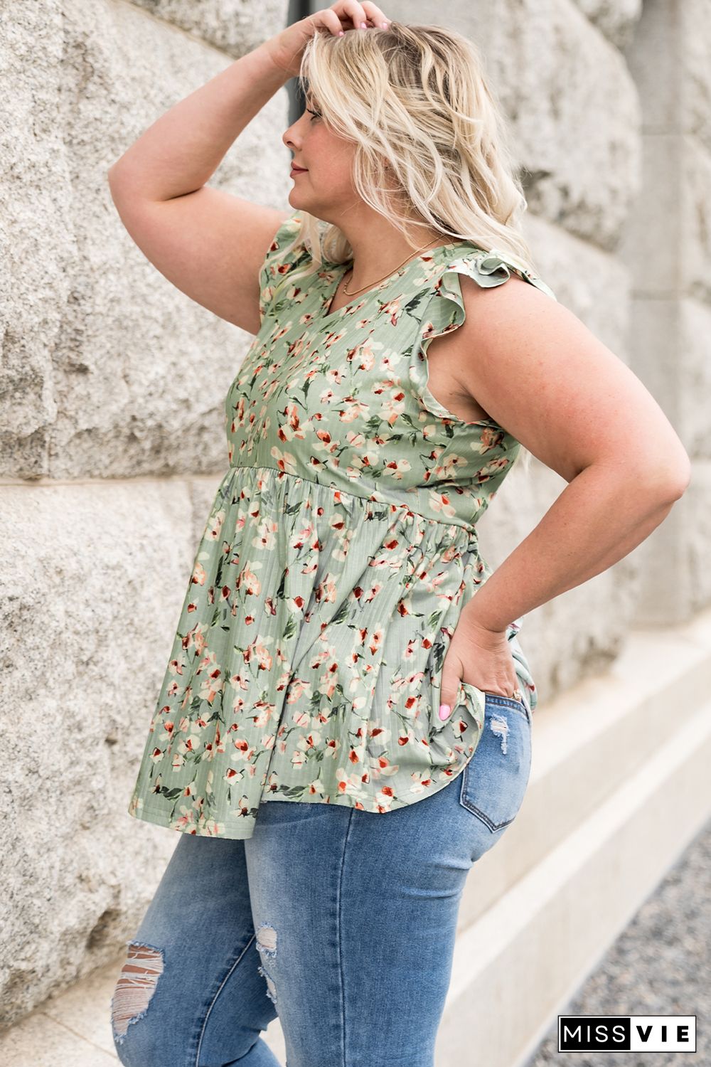 Green Floral Flutter Shoulder Plus Size Tank Top