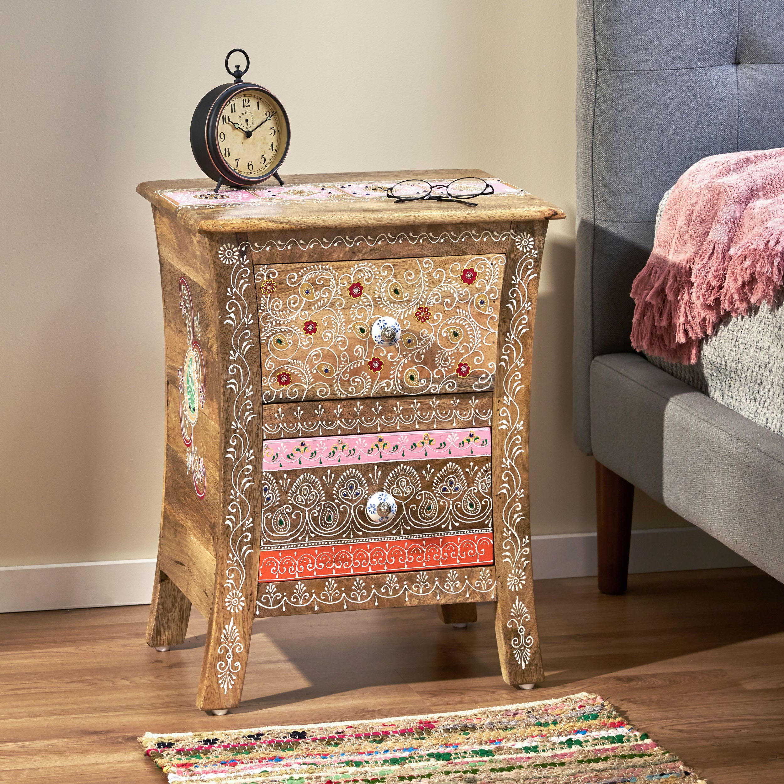 Ingersol Handcrafted Boho 2 Drawer Mango Wood Nightstand