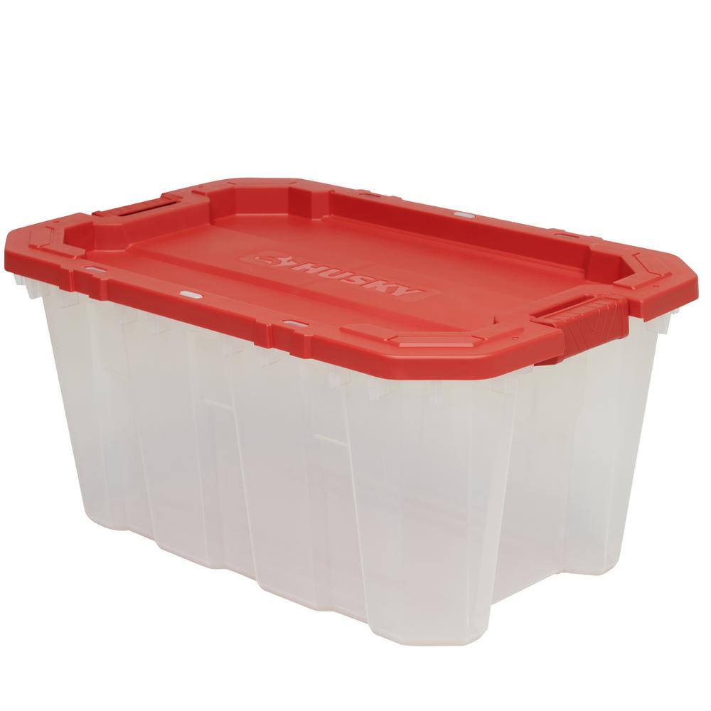 Husky 25 Gal. Latch and Stack Tote in Clear with Red Lid 206234