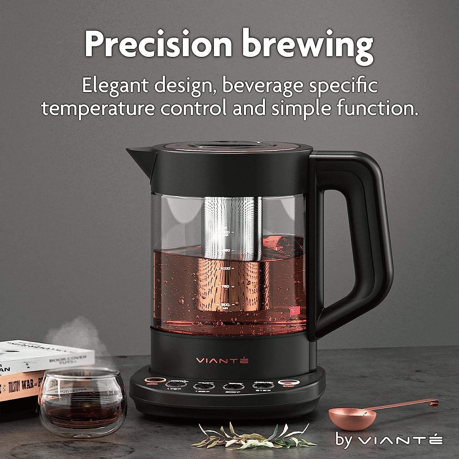 Vianté Hot Tea Maker Electric Glass Kettle with tea infuser and temperature control. Automatic Shut off. Brewing Programs for your favorite teas and Coffee.