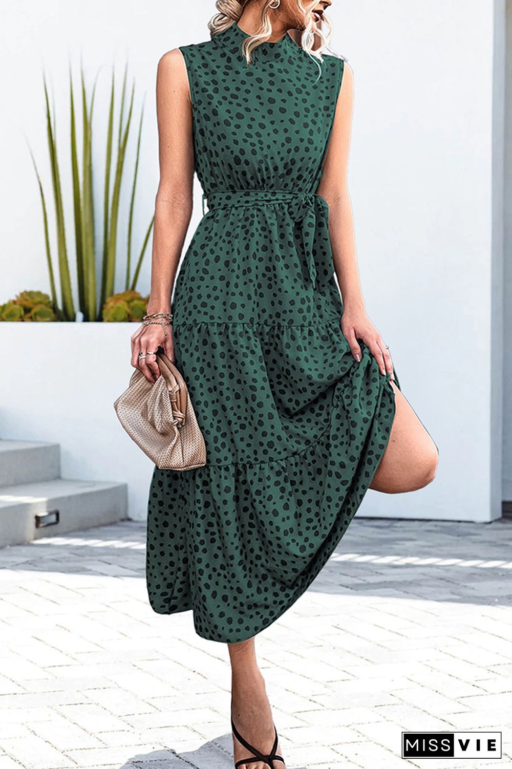 Polkadot Sleeveless Waist Tie Knot Long Dress