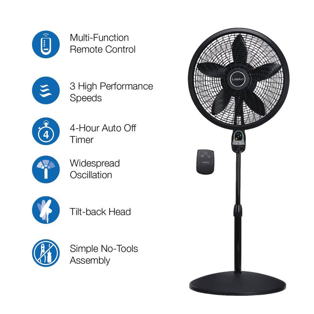 Lasko Cyclone Adjustable-Height 18 in. 3 Speed Black Oscillating Pedestal Fan with Programmable Timer and Remote Control 1843