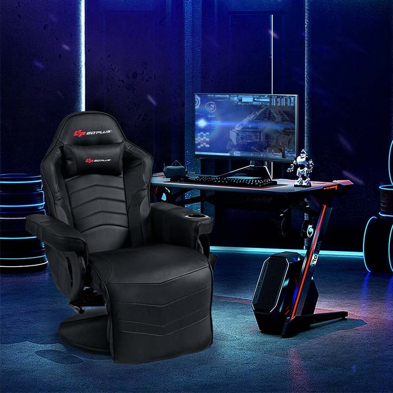 PU Leather Massage Gaming Chair, Ergonomic High Back Racing Style Gaming Recliner with Adjustable Backrest & Footrest, Cup Holder, Side Pouch