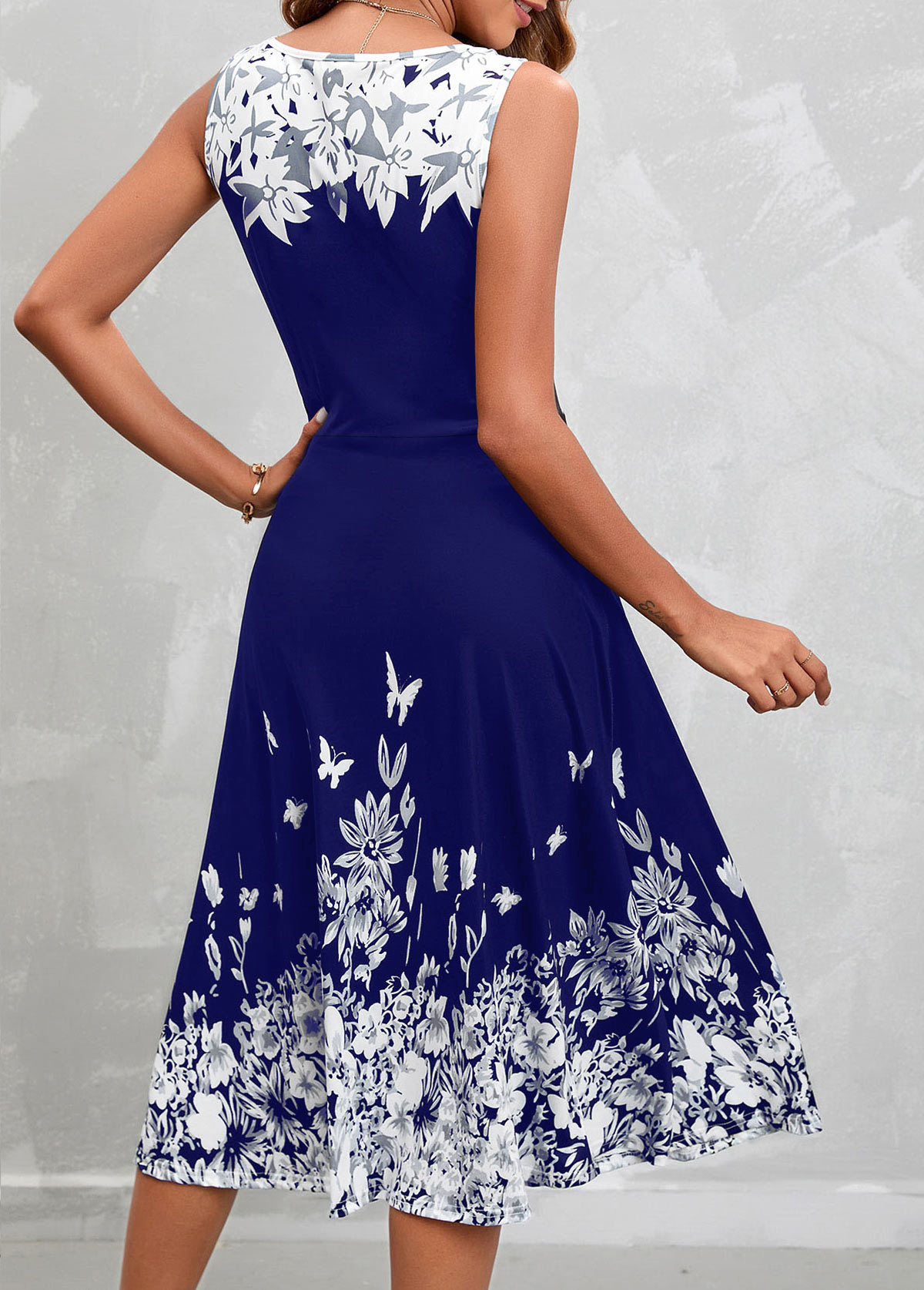 Floral Print Sleeveless Navy High Waist Dress