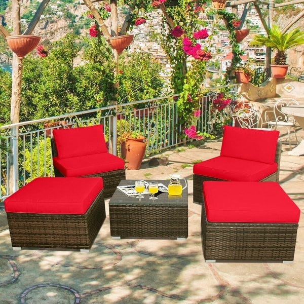 5 Pieces Wicker Lounge Chair Set with Washable Zippered Cushions