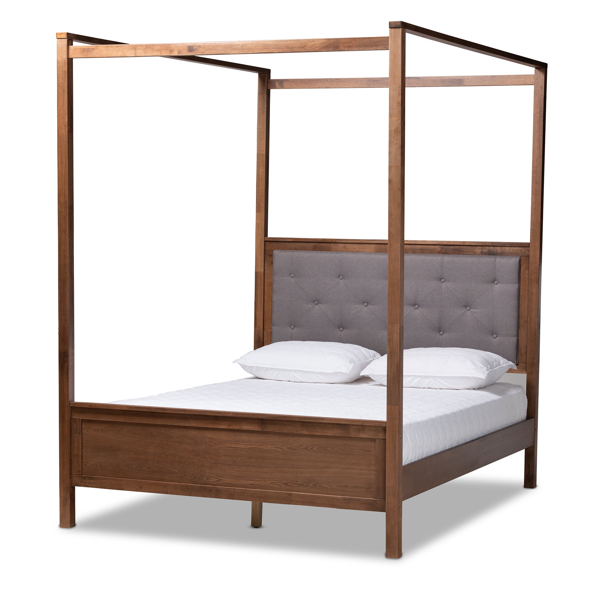 Baxton Studio Natasha Modern And Contemporary Grey Fabric Upholstered And Walnut Brown Finished Wood Queen Size Platform Canopy Bed