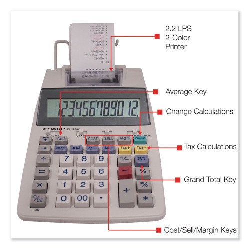 Sharp EL-1750V Two-Color Printing Calculator， Black/Red Print， 2 Lines/Sec