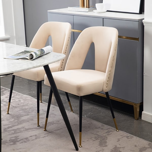 Contemporary Velvet Upholstered Dining Chair with Nailheads and Gold Tipped Black Metal Legs Set of 2