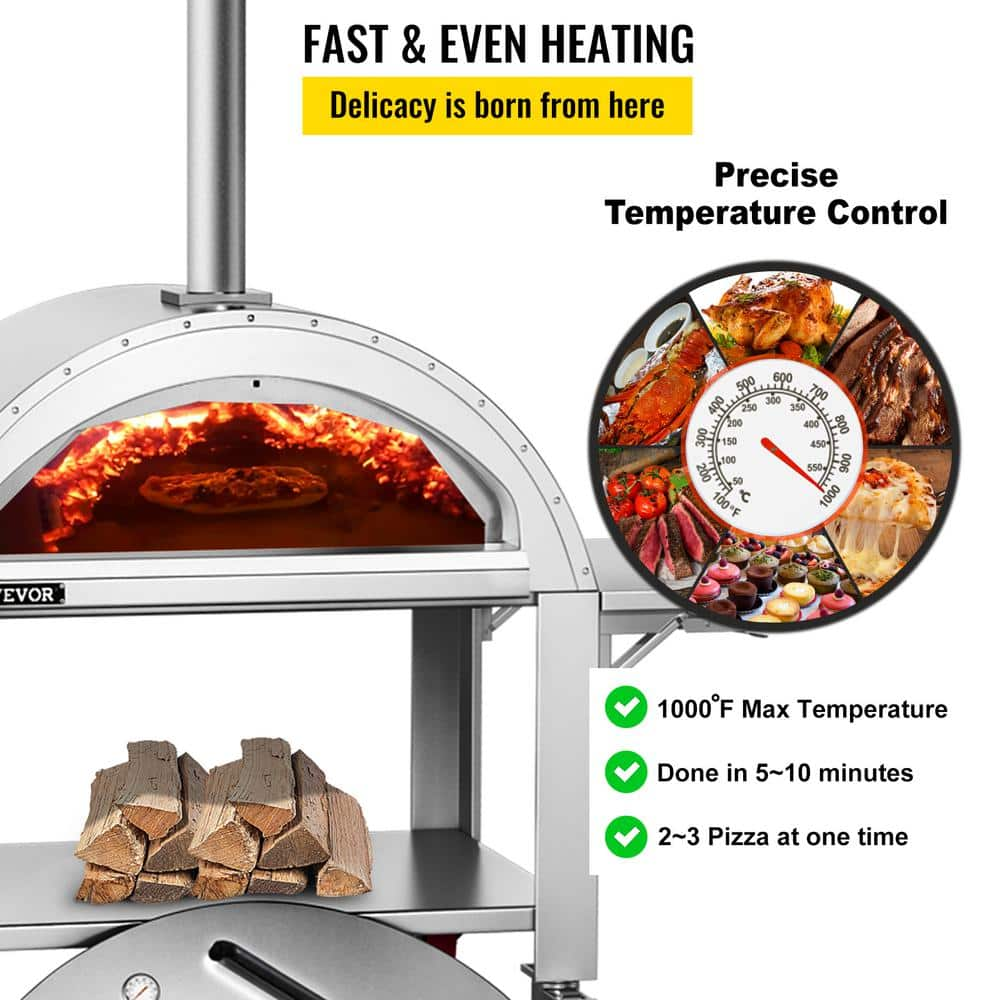 VEVOR 44 in. Wood Fired Artisan Pizza Oven Outdoor Pizza Oven 3-Layer Stainless Steel Pizza Maker with Wheels HWPSKXTJY44INAY7CV0