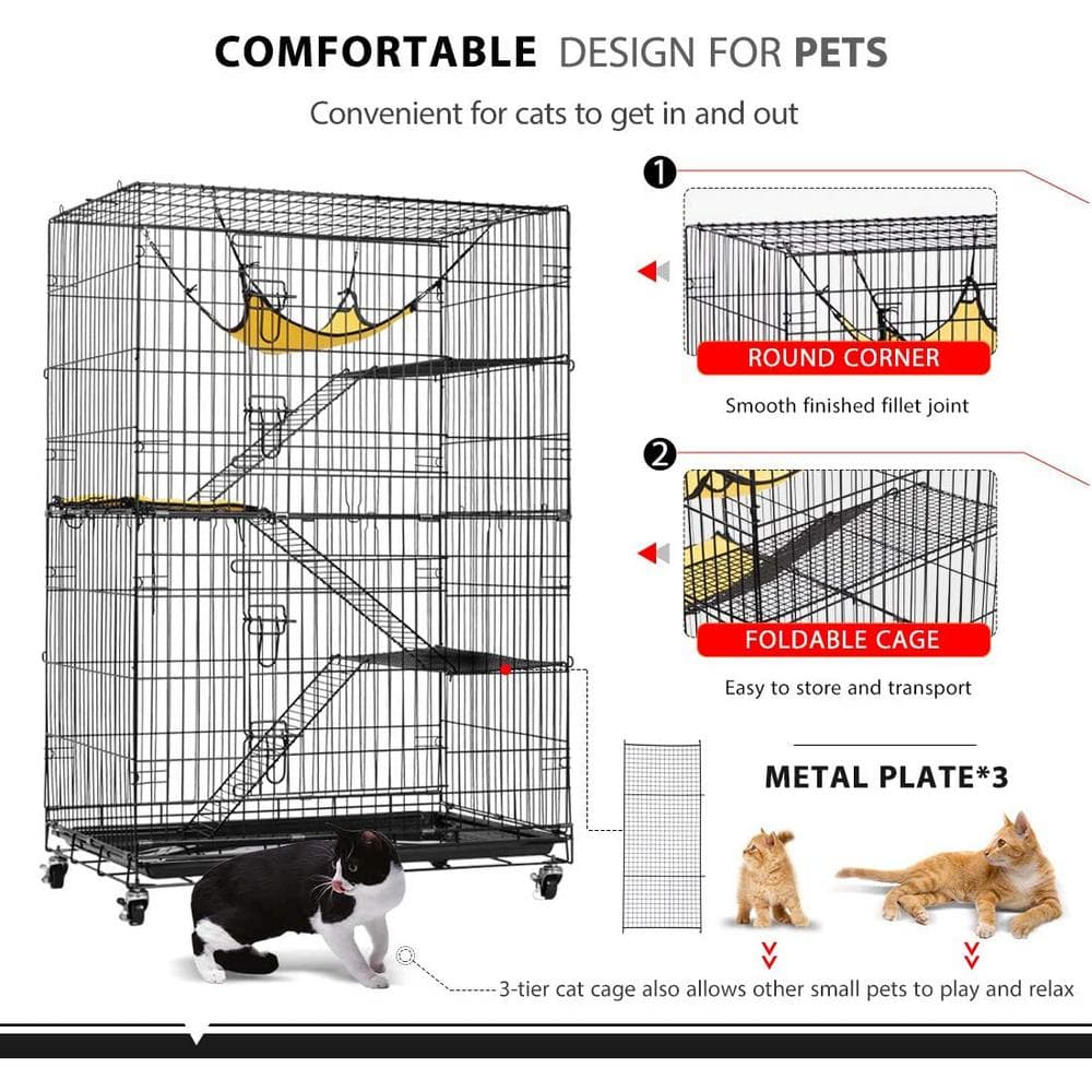 VIVOHOME 4-Tier 49 in. Metal Collapsible Cat Cage with Ramp Ladders Hammock and Bed X002EHHHYP