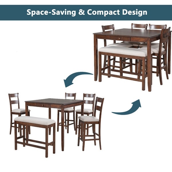 Wood Counter Height Kitchen Set with 4 Upholstered Chair and Bench