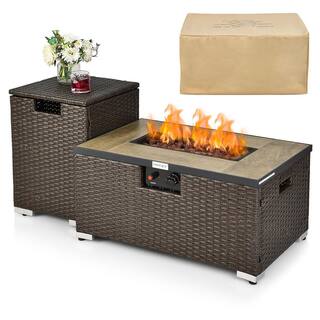 Costway 32 in.x 20 in. Propane Rattan Fire Pit Table Set wSide Table Tank  Cover 40000 BTU NP10261CF