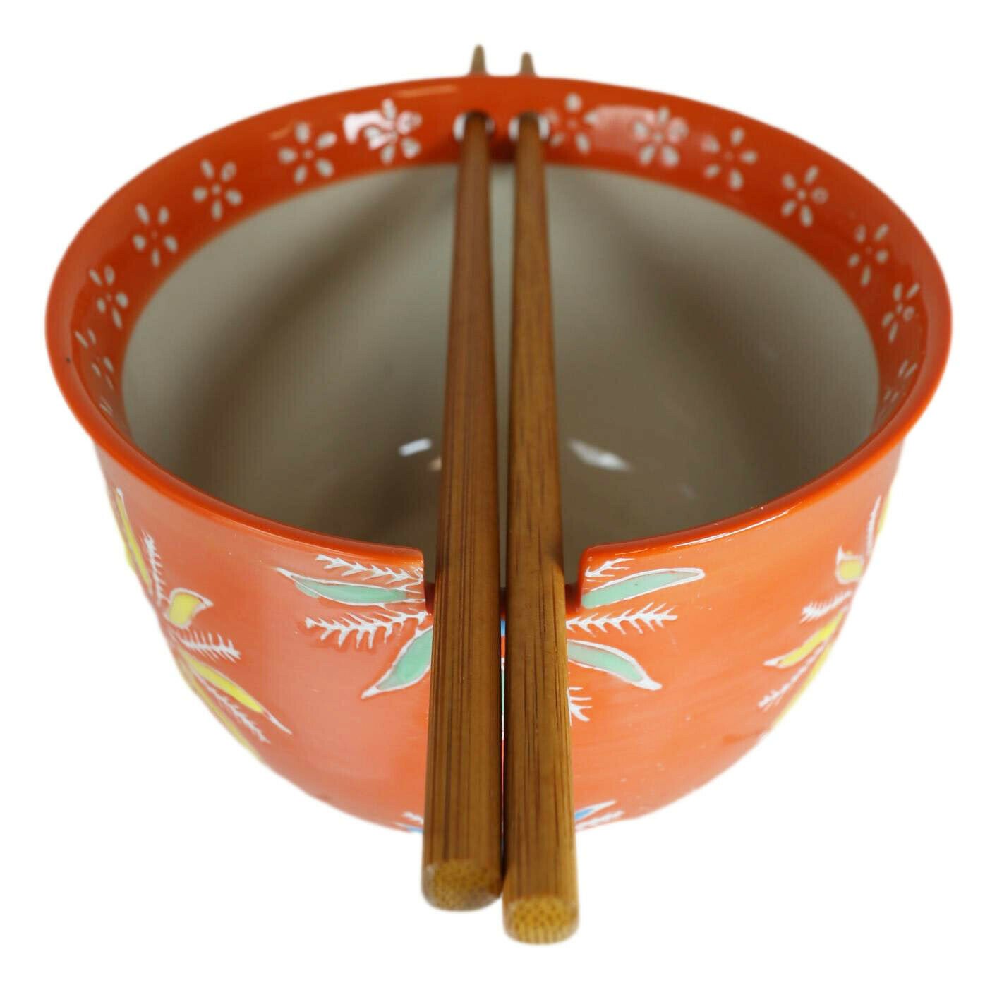 1 Ceramic Ramen Noodles Bowl Chopsticks Set Orange Flower Blossoms EBR02