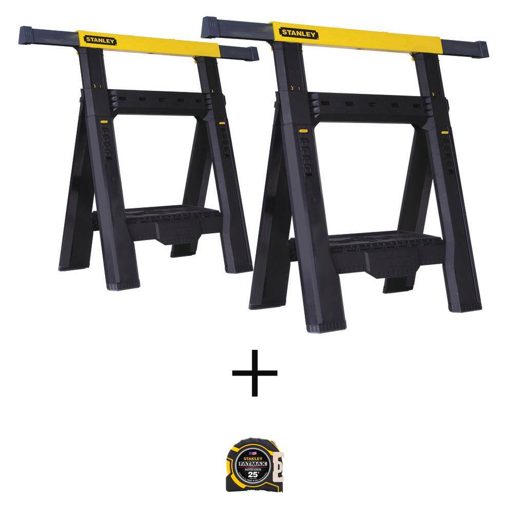 Stanley 31 in. 2-Way Adjustable Plastic Folding Sawhorse (2 Pack) and FATMAX 25 ft. x 1-14 in. Auto Lock Tape Measure STST60626W38L