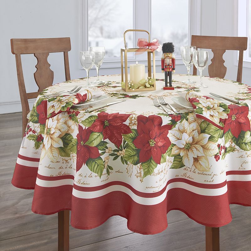 Elrene Home Fashions Red And White Poinsettias Round Tablecloth