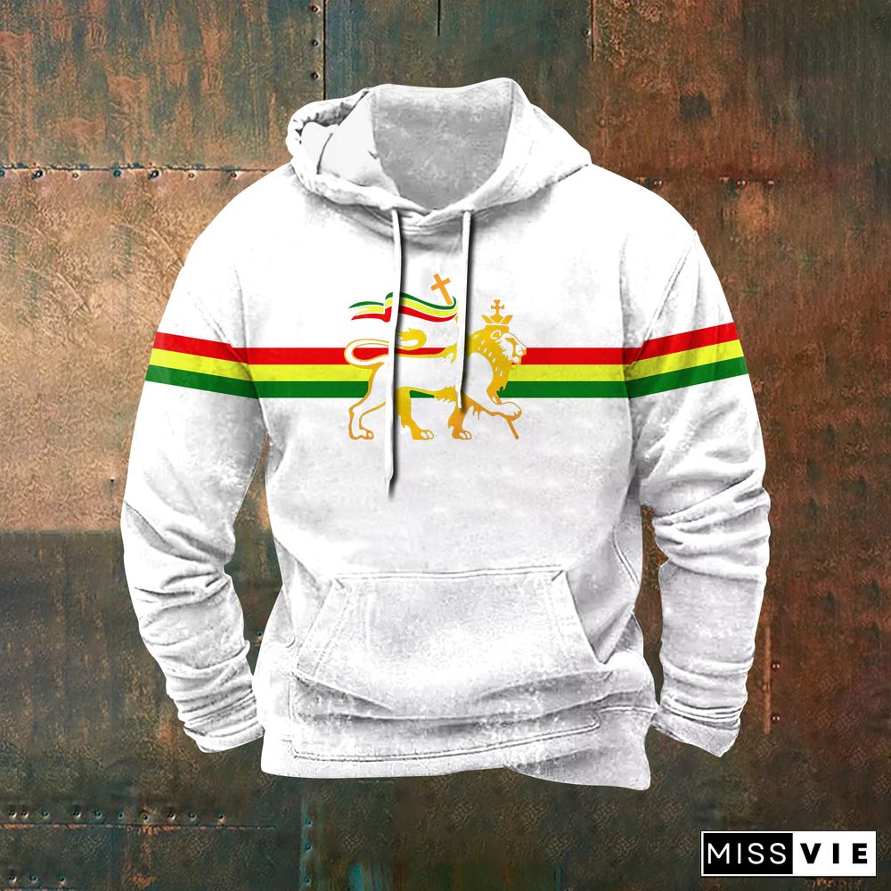 Retro Stripe Reggae Lion Print Graphic Hoodie