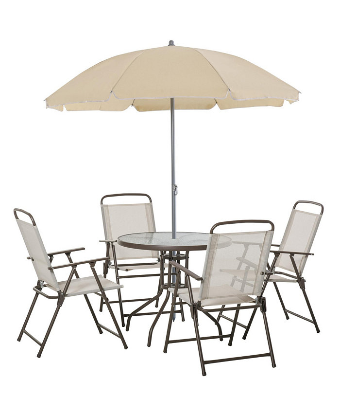 Outsunny 6 Piece Patio Dining Set for 4 with Umbrella 4 Folding Dining Chairs and Round Glass Table for Garden Backyard and Poolside Beige