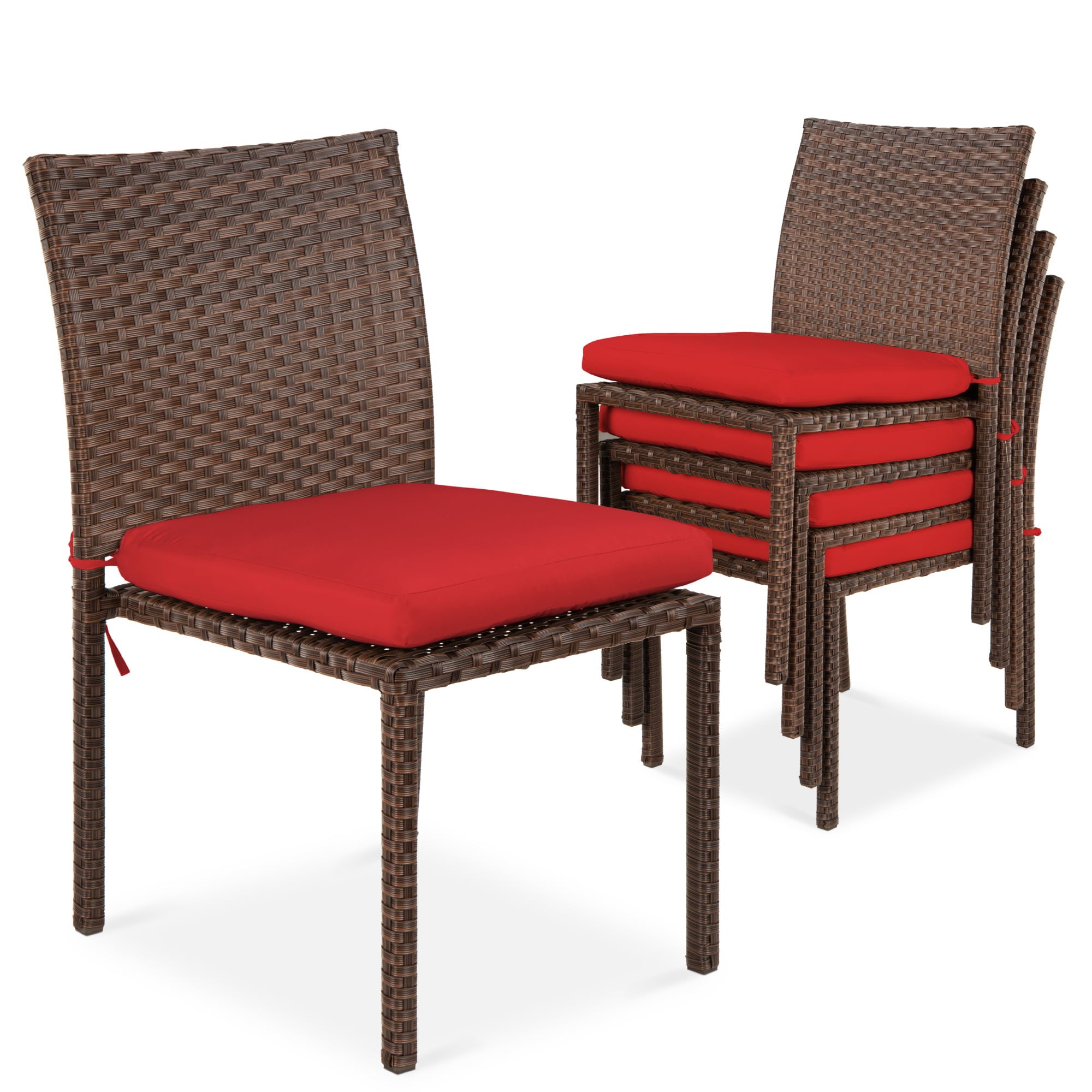 Best Choice Products Set of 4 Stackable Outdoor Patio Wicker Chairs w/ Cushions, UV-Resistant Finish - Brown/ Red