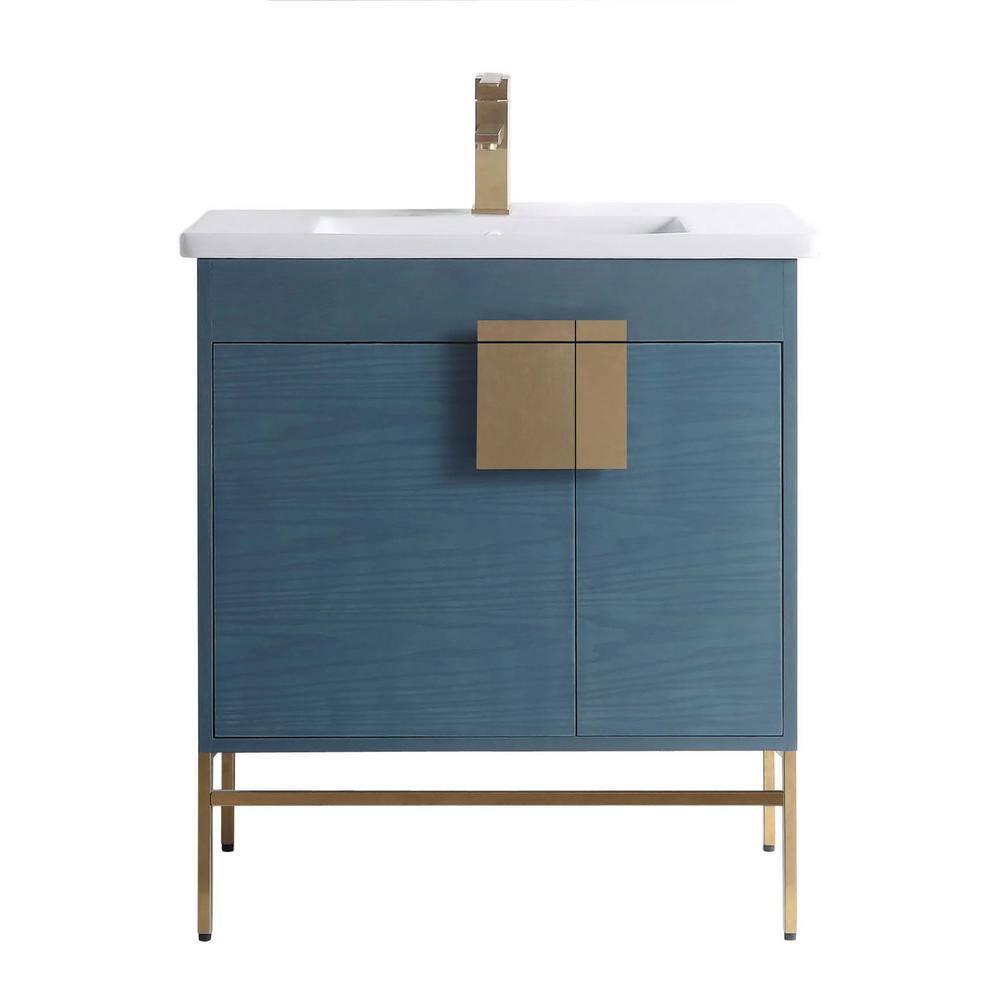 FINE FIXTURES Shawbridge 30 in. W x 18.11 in. D x 33.5 in. H Bathroom Vanity in French Blue with White Ceramic Vanity Top SH30FB-SHHA1SB