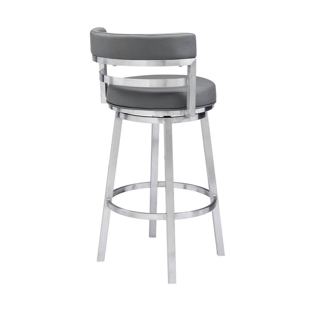 Armen Living Madrid Contemporary 26 in. Counter Height Bar Stool in Brushed Stainless Steel and Grey Faux Leather LCMABABSGR26