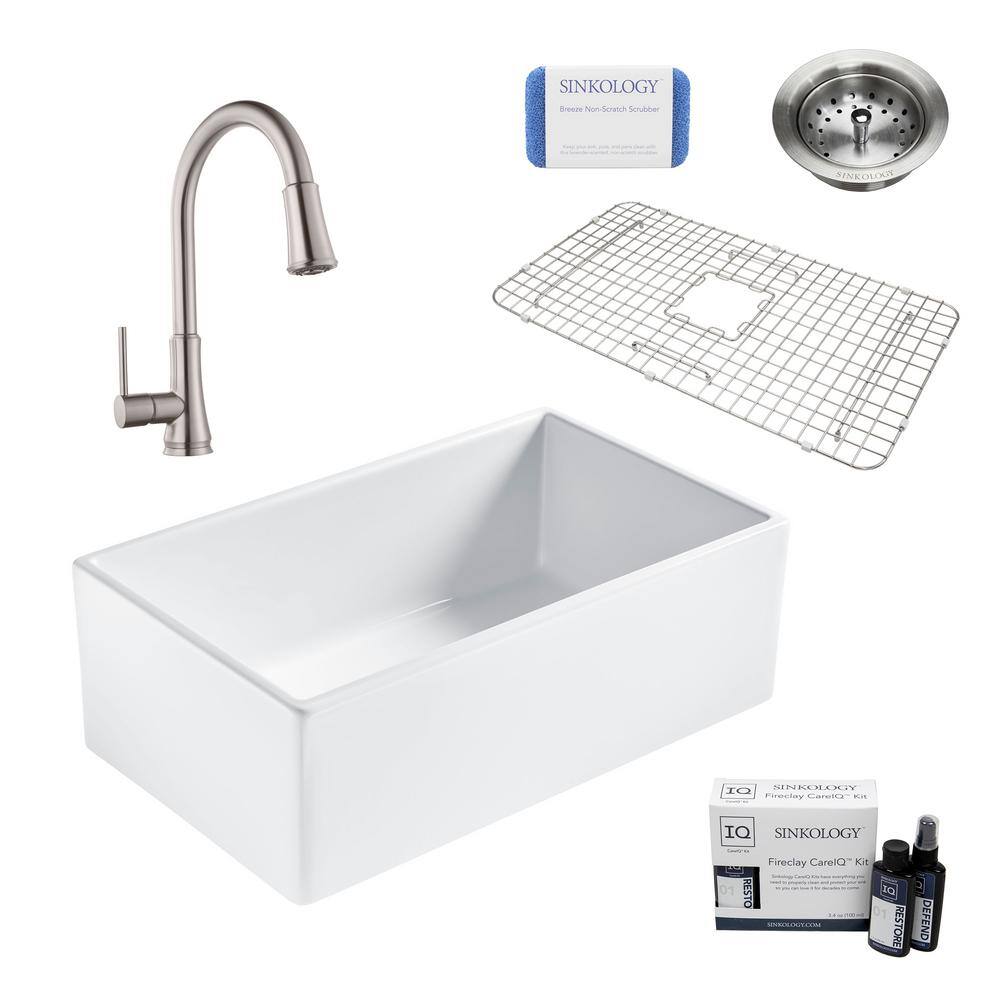 SINKOLOGY Bradstreet II All-in-One Farmhouse Fireclay 30 in. Single Bowl Kitchen Sink with Stainless Faucet and Drain SK499-30-PF1-B