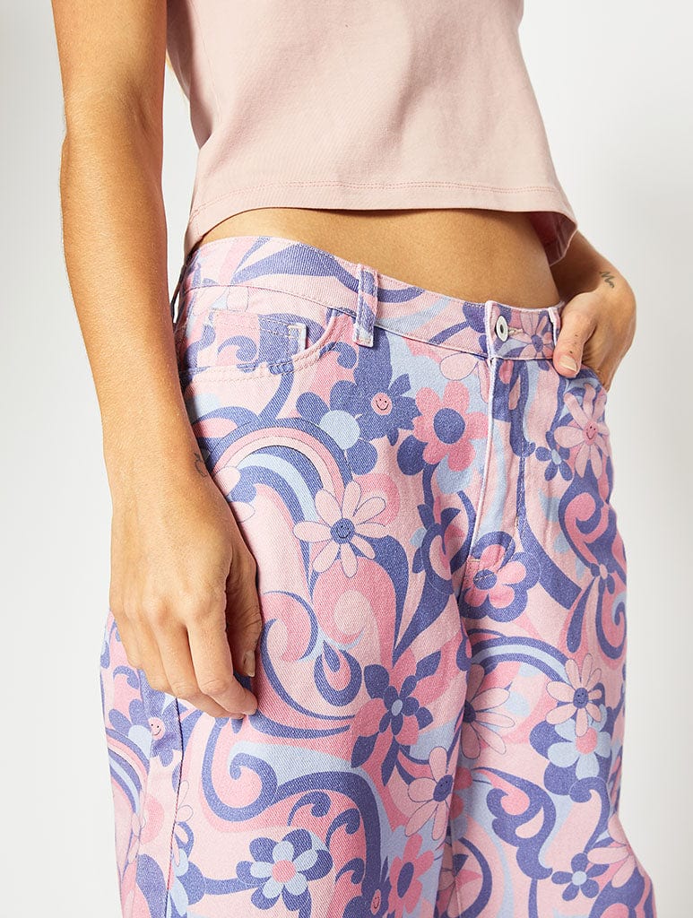 Summer Breeze Swirl Print Wide-Leg Jeans