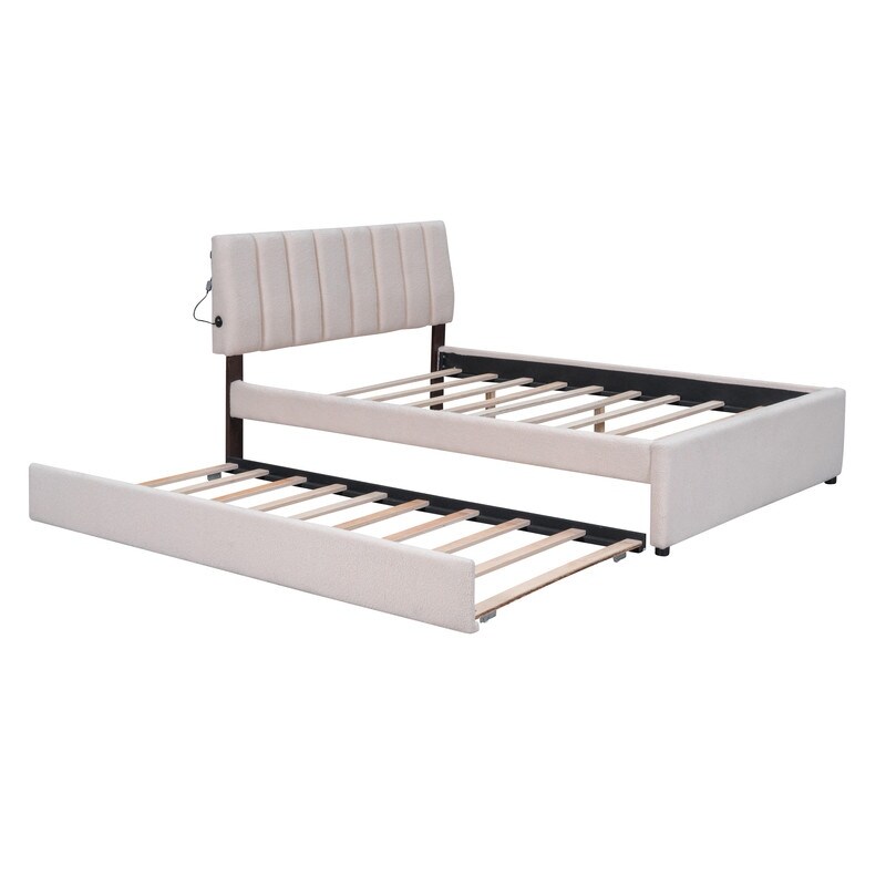 Teddy Fleece Full/Queen Size Upholstered Platform Bed with Trundle  Smart LED Bed Frame with Headboard and Wooden Slats Support