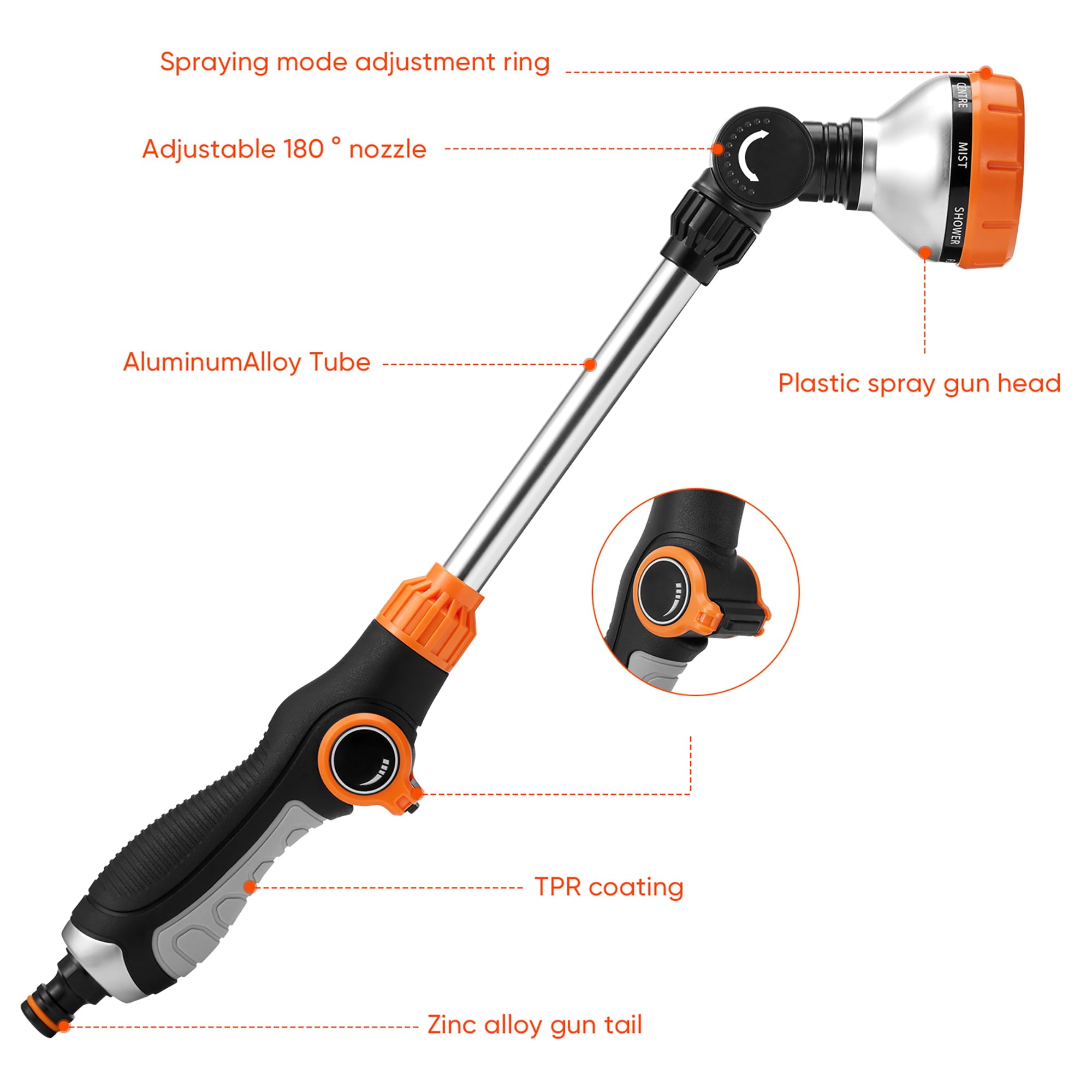 Sunisery Garden Adjustable Watering Wand，180 Degrees Rotating Head 10 Patterns Telescopic Long Hose Nozzle Sprayer