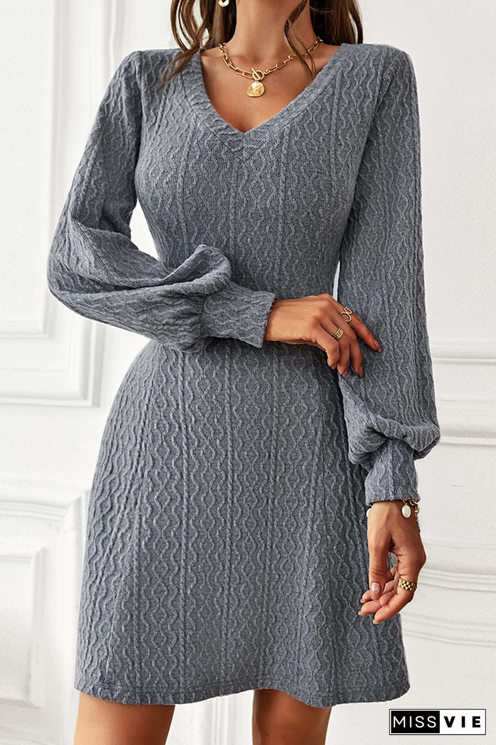 Puff Sleeve Texture V Neck Plain Bodycon Dress