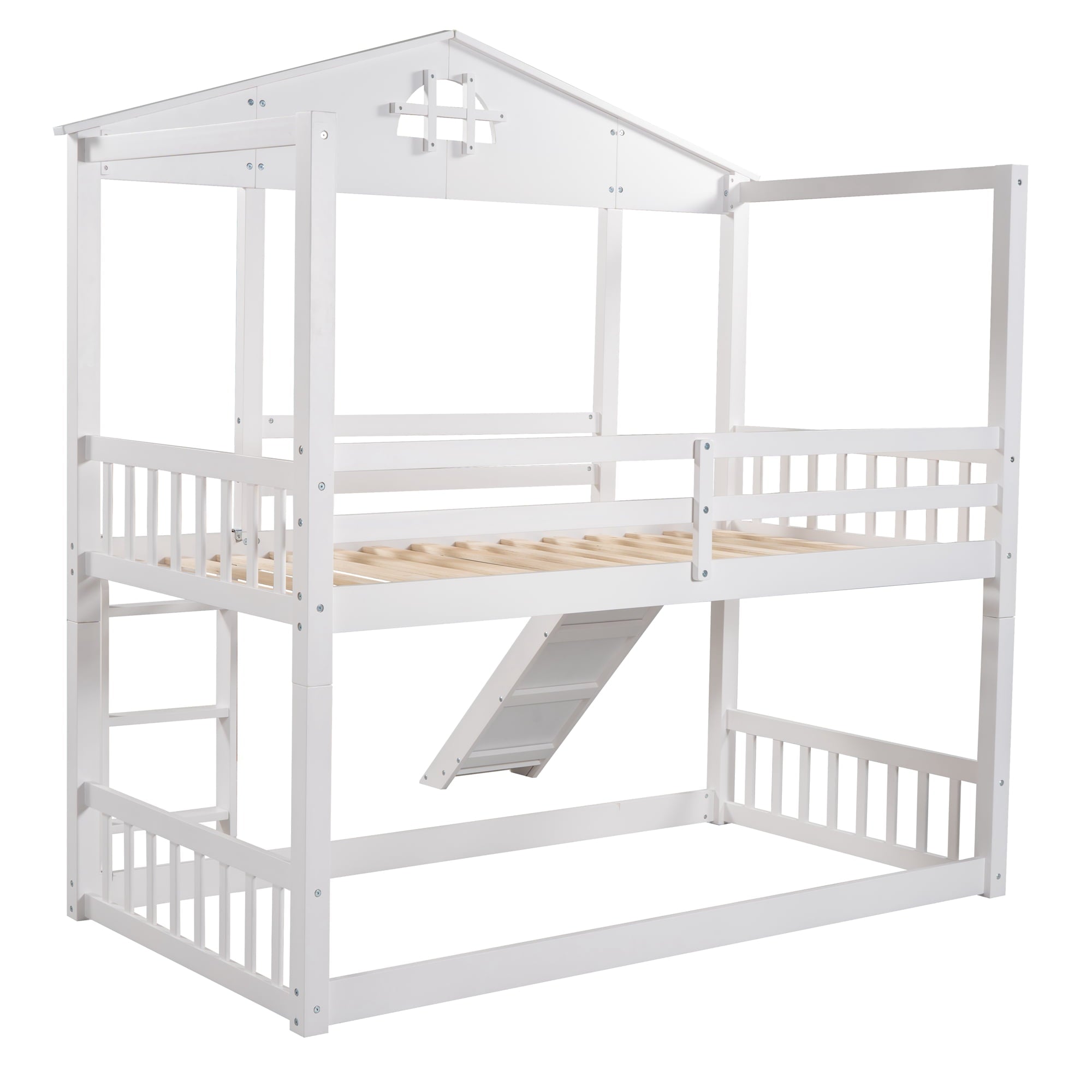 Twin House Bunk Bed with Convertible Slide and Ladder for Kids Room, White