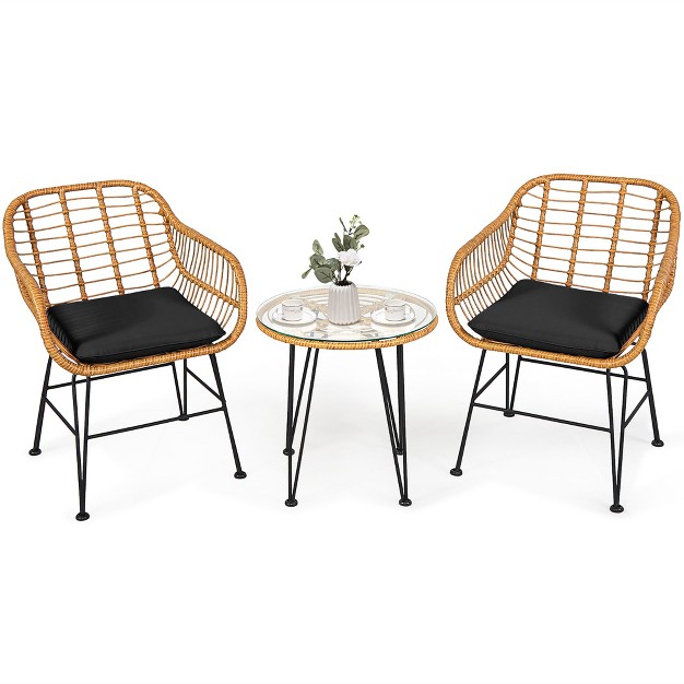 Costway 3pcs Patio Rattan Bistro Furniture Set Cushioned Chair Table