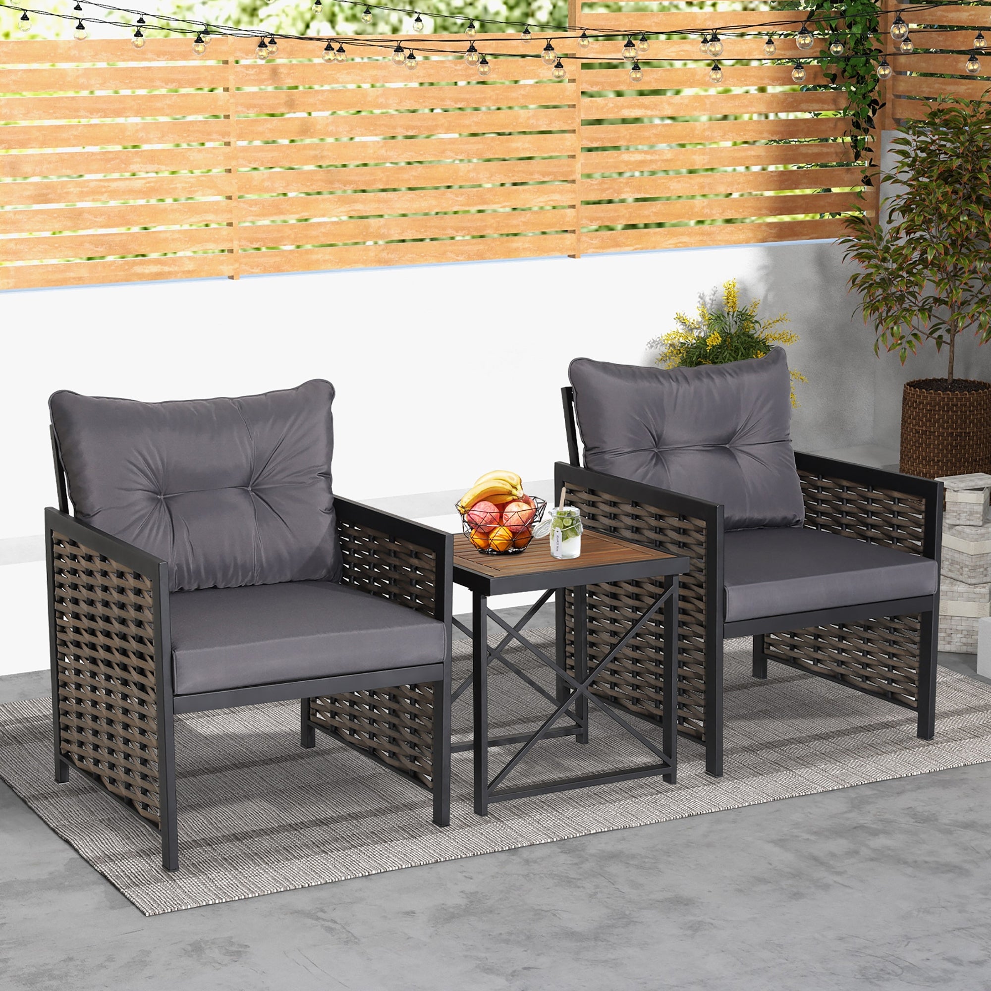 3 PCS Patio Rattan Furniture Set Acacia Wood Coffee Table and 2 Chairs - Overstock - 37842967