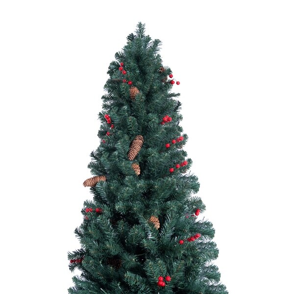 6.5ft Pencil Christmas Tree Prelit preDecorated with Pine Cones Red Berries 250 Warm Lights and Metal Stand