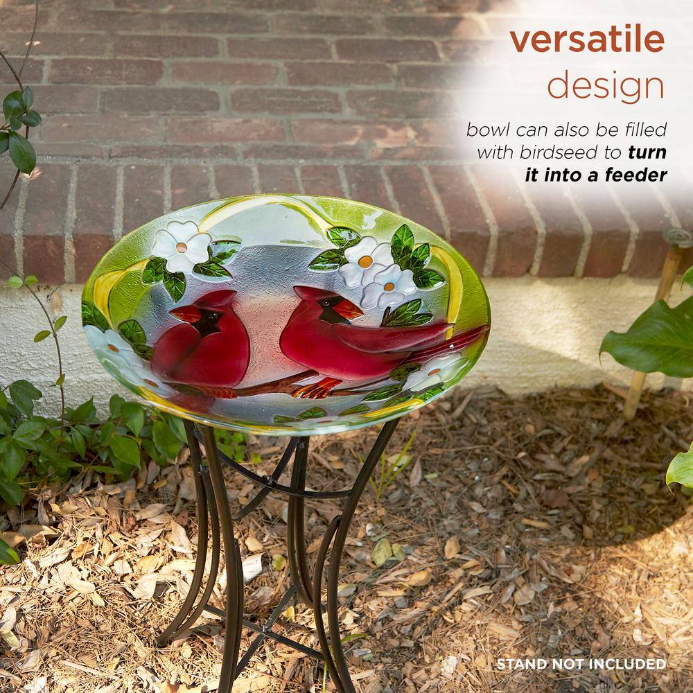 Alpine Corporation 18 in. Round Outdoor Birdbath Bowl Topper with Painted Red Cardinal and Floral Design KPP608T-18