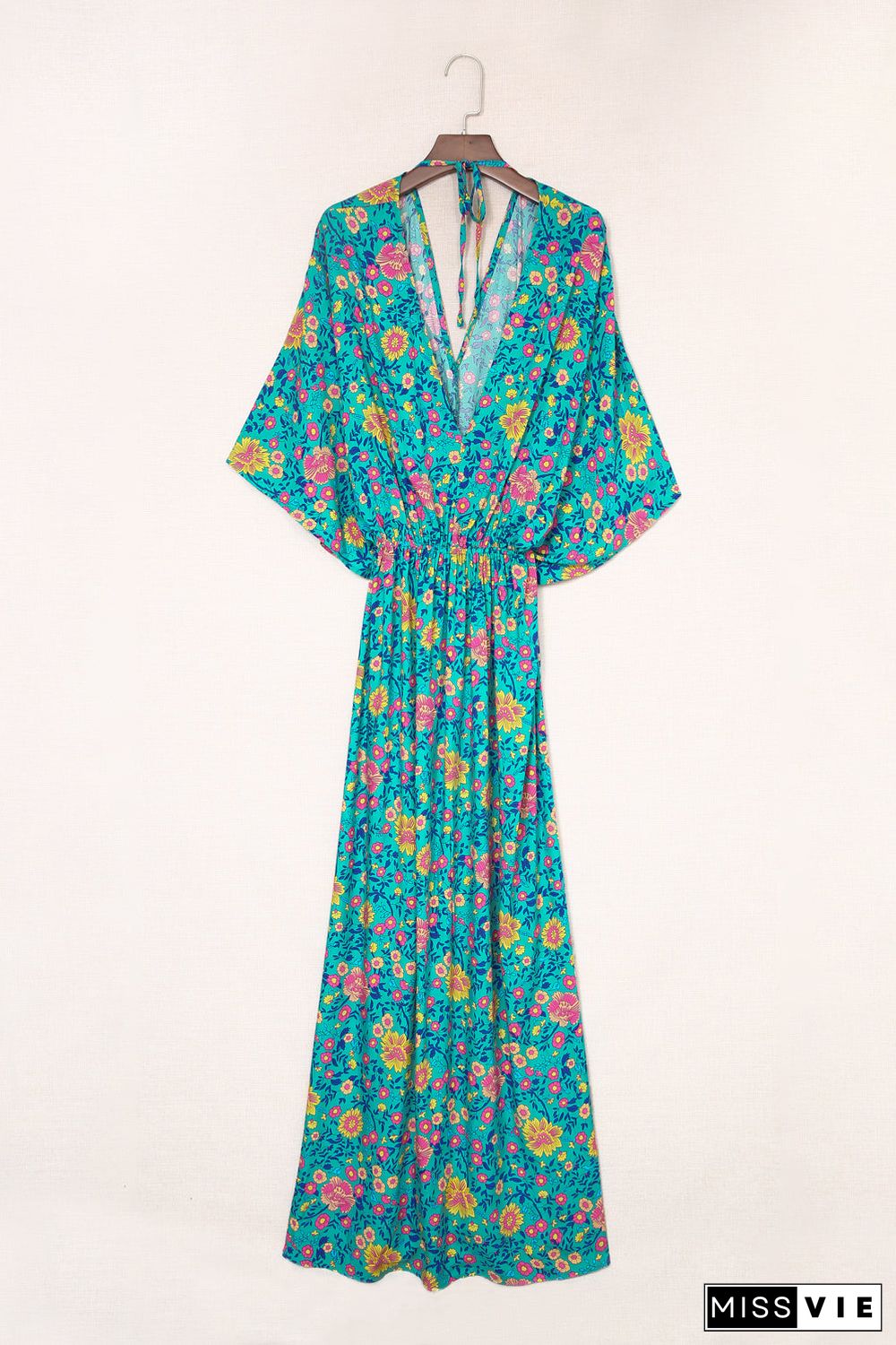 Green Boho Deep V Neck Floral Maxi Dress