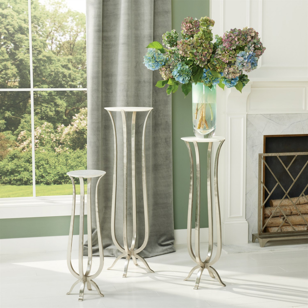 Open Curving Silver Nickel Metal Pedestal Table White Marble Top   Contemporary   Plant Stands And Telephone Tables   by My Swanky Home  Houzz