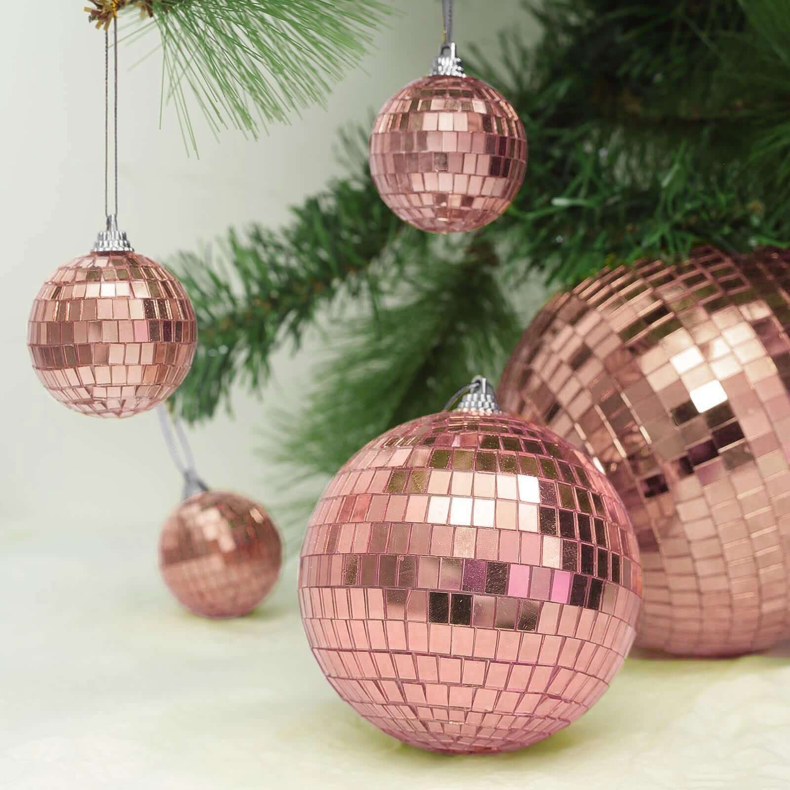 4 Pack Rose Gold Foam Disco Mirror Ball With Hanging Strings, Holiday Christmas Ornaments 6