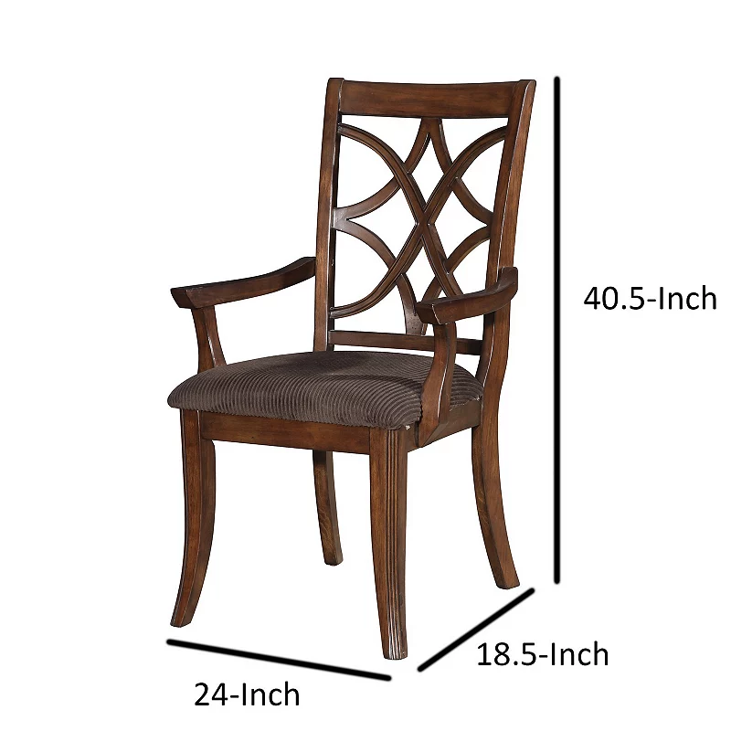 Wooden Arm Chair with Fabric Padded Seat and Lattice Design Backrest， Brown， Set of Two