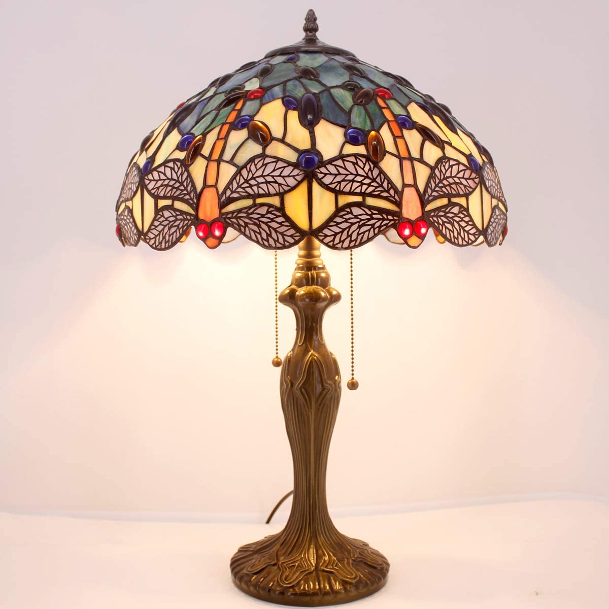 GEDUBIUBOO Tiffany Lamp Stained Glass Bedside Table Lamp Navy Blue Yellow Turquoise Dragonfly 16X16X24 Inch Desk Light Metal Base Decor Bedroom Living Room  Office S128 Series