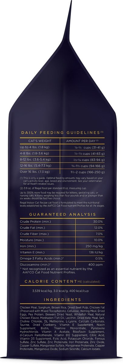 Regal Pet Foods Indoor Cat Recipe Dry Cat Food， 4-lb bag