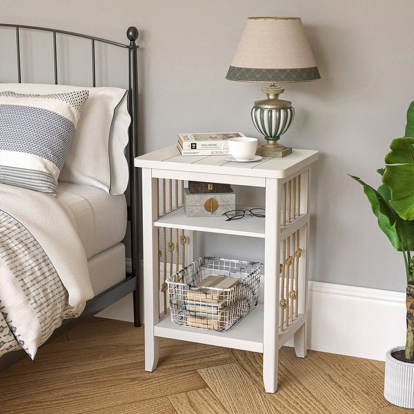 COSIEST White Solid Wood End Table with Hemp Ropes for Living Room