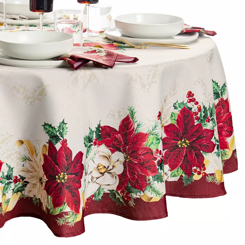 Elrene Home Fashions Poinsettia Garlands Engineered Oval Tablecloth